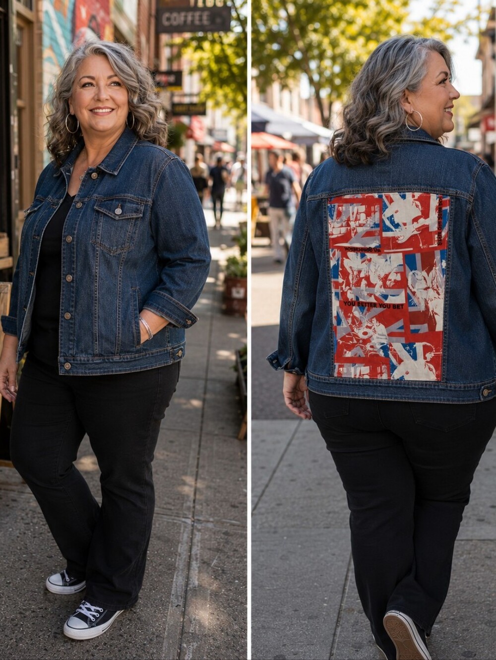 Women's Size 20 Stretch Denim Jacket Union Jack Graphic Back Button Front
